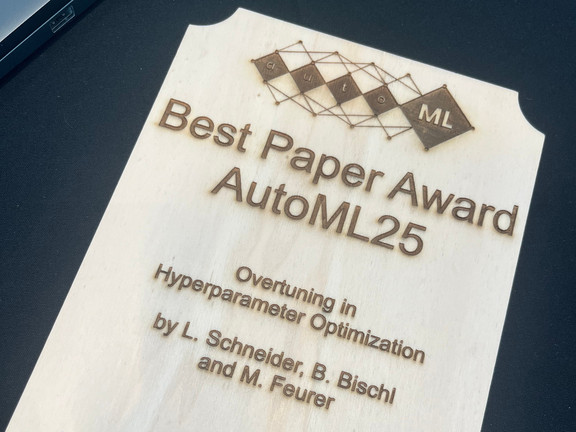 Plaque Best Paper Award International Conference on Automated Machine Learning 2025 for Lennart Schneider, Bernd Bischl and Matthias Feurer for the paper "Overtuning in Hyperparameter Optimization"